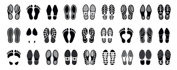 Human footprints. Foot imprint, boot footsteps. Shoe and sneaker footprint silhouettes. Male and female high heel track. Adult and children barefoot sand beach imprint. Black sole trail walking steps © Ukio.stock