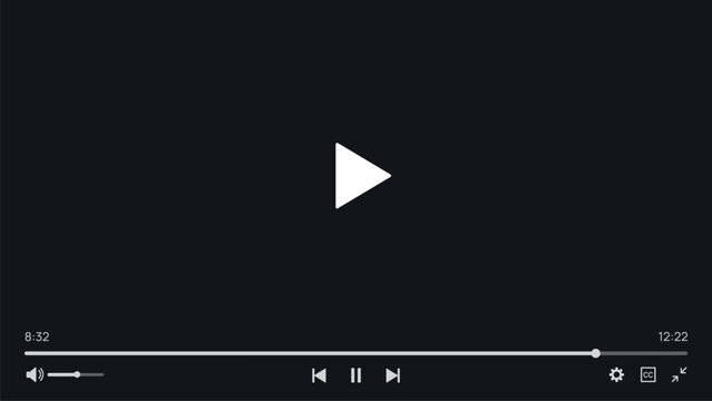 Video player interface, paused media screen, play button, timeline, control icons, dark modern layout. Streaming app, website, presentation, multimedia dashboard template. Vector illustration