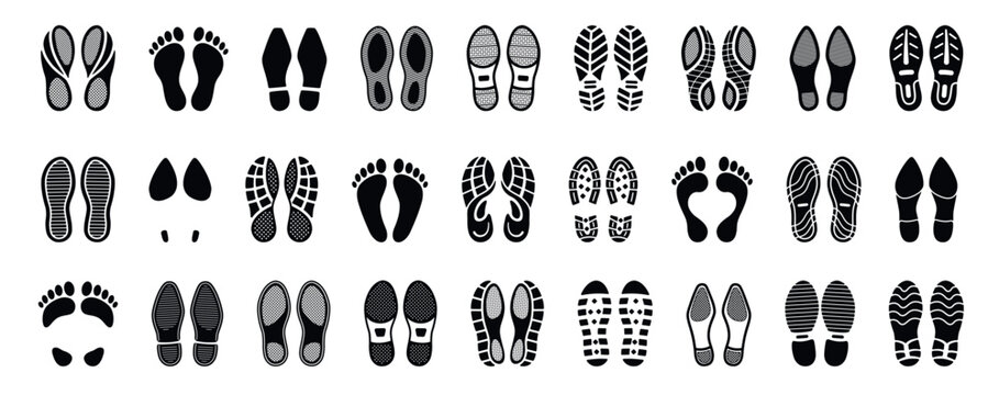 Human footprints. Foot imprint, boot footsteps. Shoe and sneaker footprint silhouettes. Male and female high heel track. Adult and children barefoot sand beach imprint. Black sole trail walking steps