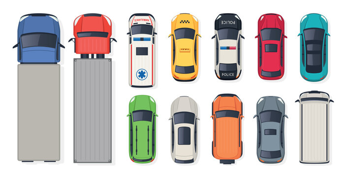 Top view car set, taxi police ambulance pickup truck van sedan SUV collection. Transport, traffic, logistics, navigation app, city map, fleet service design. Flat vector illustration