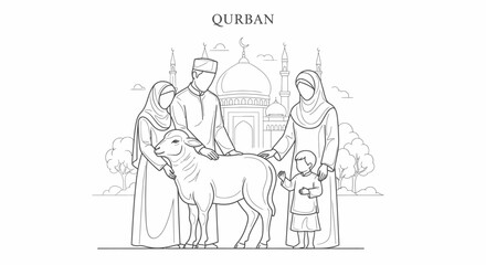 Obraz premium Muslim Family with Lamb for Qurban Eid al-Adha Celebration, Outline Drawing for Religious Holiday Illustration or Coloring Book