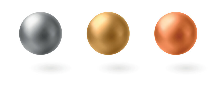 Metallic sphere set, silver gold copper glossy balls, realistic floating objects, soft shadows, luxury material palette. Branding, presentation, UI, packaging, premium template. Vector illustration