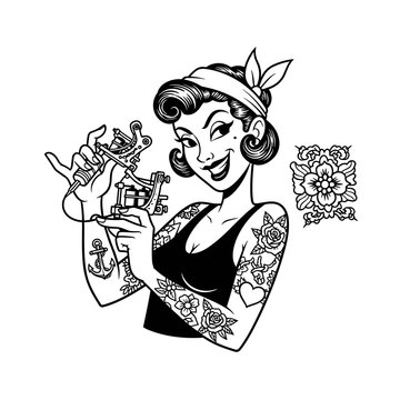 Retro Pin-Up Tattoo Artist Woman Holding Machine.