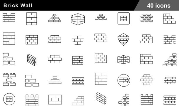 Brick Wall Thin Line Icons Set Masonry Patterns, Construction Structures, Architectural Blocks, Building Materials and Industrial Design Symbols for Architecture