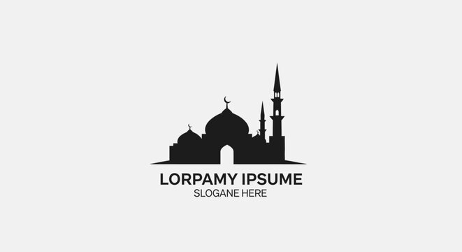 Elegant black mosque silhouette icon, Islamic architecture logo template on white. Modern spiritual building symbol for religion and culture design.