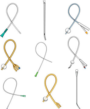 Set of different types of medical catheters and accessories used for urological procedures, including foley catheters, intermittent catheters, and introducers, presenting various designs and colors