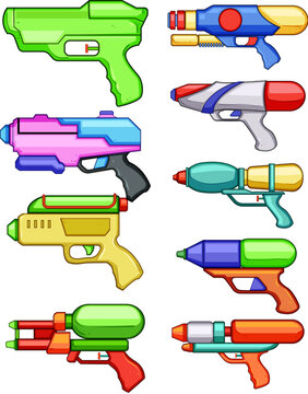 Various brightly colored water pistols and blasters creating a fun, playful atmosphere, representing childhood leisure, outdoor recreational activities, and summer enjoyment