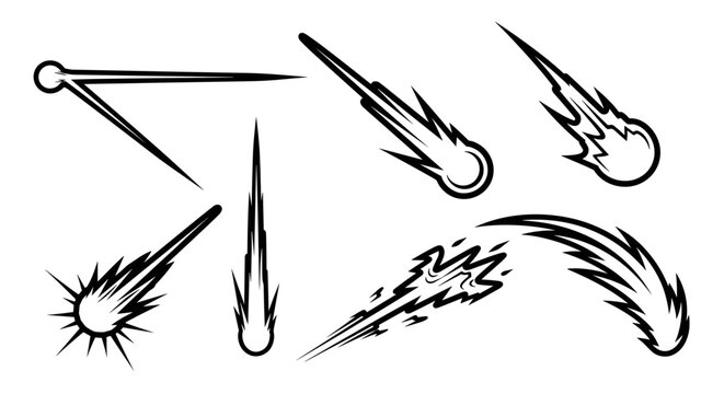 Set of various comet and meteor icons in outline style.