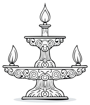 Ornate Traditional Indian Diya Oil Lamp with Three Flames Line Art Vector Illustration