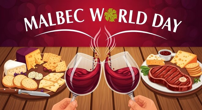 Malbec World Day Celebration with Wine Glasses Argentine Steak, and Cheese on Rustic Table