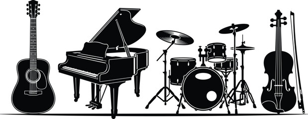 Musical instruments silhouette set featuring guitar, grand piano, drum kit and violin, classic orchestra music vector illustration collection © Zahangir