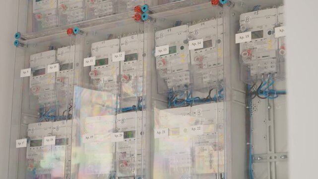 Inspection shows multiple electricity meters in a utility room. The connections and electrical panel are clearly visible and organized for capacity and accessibility.