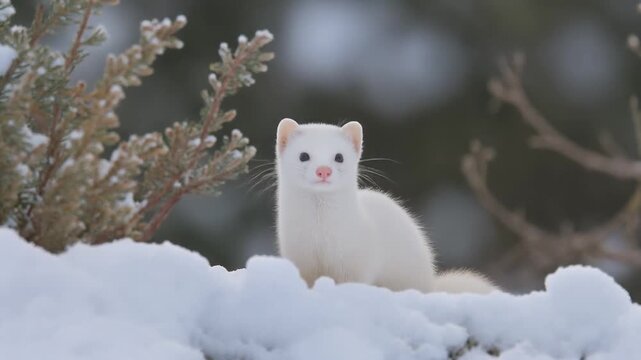 Adorable White Stoat Standing in Winter Snow