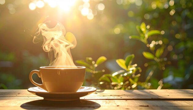 Steaming coffee cup on wooden table with bright sunlight and green background.