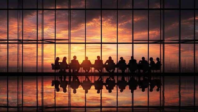 Silhouette of diverse business people sitting in a row facing a sunset through a large window.