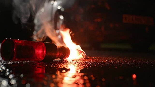 Red flare igniting on wet asphalt road. Sparks bursting from emergency signal device in dark rainy night. Fire and smoke reflecting on damp surface for safety warning concept.