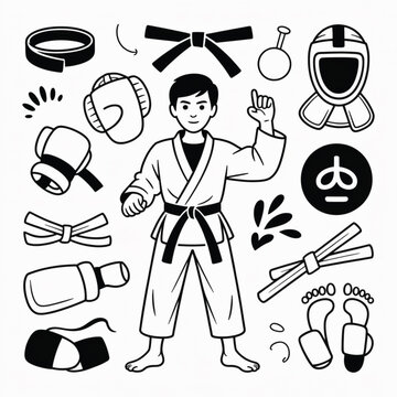Martial arts, karate, vector icons, black and white, 16 elements, illustration set