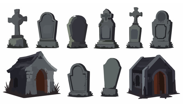 Spooky cemetery tombstones crypts and grave crosses vector