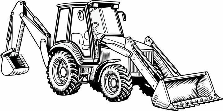 Heavy Duty Backhoe Loader Illustration - Industrial Construction Excavator Machinery Sketch