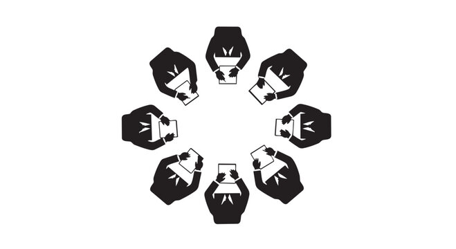 Illustration of black and white illustration of six megaphones in a circle