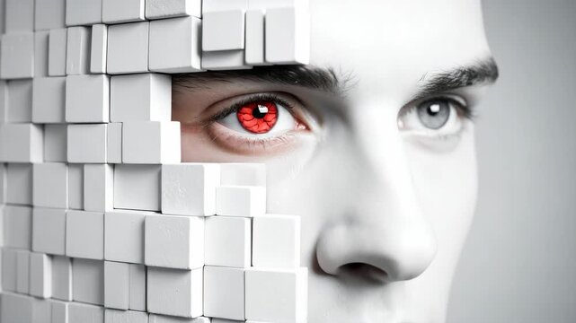 Portrait of a man with a red cybernetic eye and white geometric cubes covering half of his face in a futuristic style