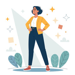 confident choleric woman leader hands on hips flat vector character isolated on white background