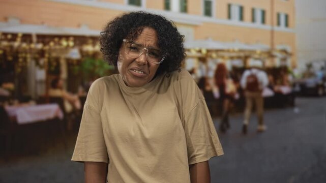 Woman wrinkles nose and leans back through clear glasses near restaurant tables on a street terrace; disgust.