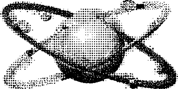 Atom orbit with electrons in halftone style - black and white scientific design for educational use