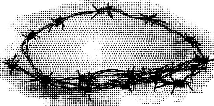 Barbed wire circle with vintage halftone effect for design and decor