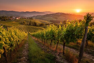 Fototapeta premium Pastoral vineyard scene at sunset with a distant village on gentle slopes
