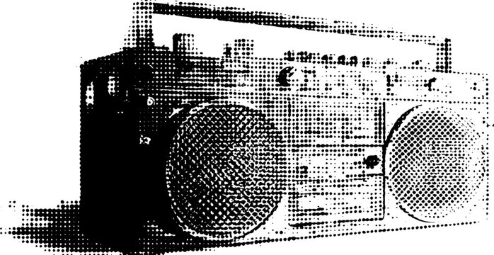 Vintage boombox stereo in black and white halftone effect for retro design