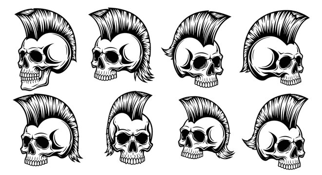 Set of eight punk rock skulls with mohawk hairstyles.