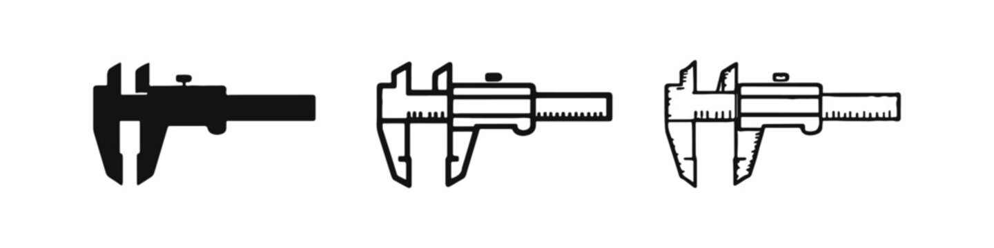 Caliper measurement tool icons set in solid, outline, and hand-drawn sketch styles, representing precision and engineering.