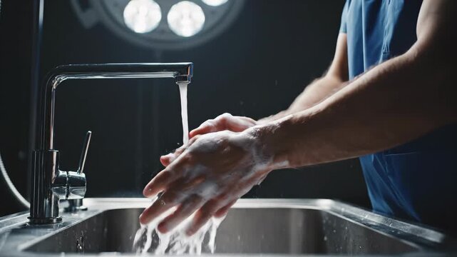 Man in surgical scrubs washing hands with soap under running faucet. Medical hygiene procedure for preoperative sterile preparation in hospital setting.