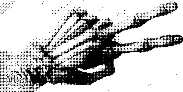 Skeleton hand peace sign gesture in black and white halftone for design projects