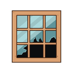 Wooden window frame with multiple shattered and missing glass panes, showing decay, neglect and vandalism, exposed opening in an old rustic facade, damaged and unsafe