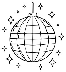A black and white line art drawing of a disco ball with stars around it.