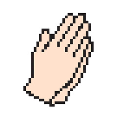 Retro pixel art praying hands icon. 8-bit religious symbol for Easter, faith, and devotion. Minimalist spiritual vector illustration of hands folded in prayer.