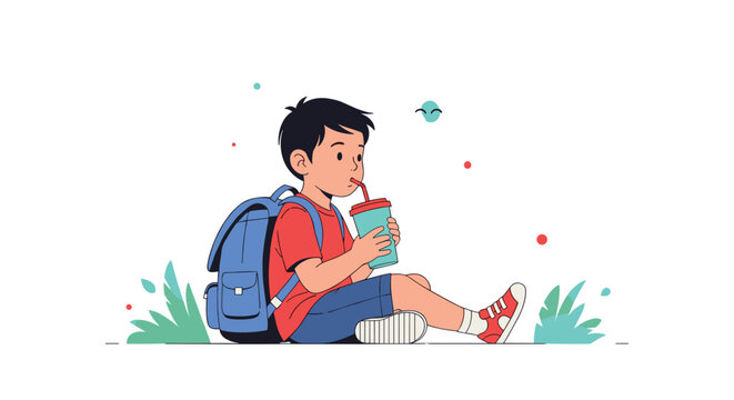 Cute schoolboy with a blue backpack sitting on the ground and drinking from a cup with a straw in a peaceful park.