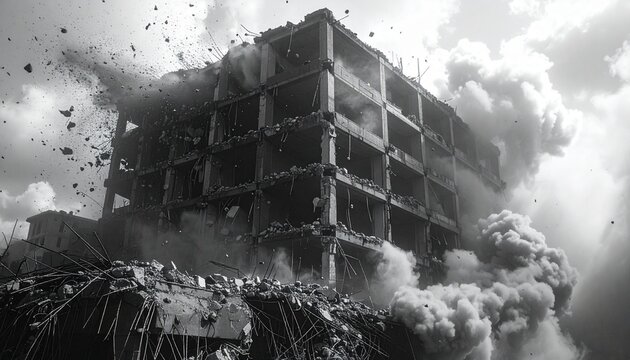 Building demolition in progress with heavy smoke and debris