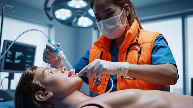 Medical professional intubating patient in hospital setting with doctor wearing protective gear