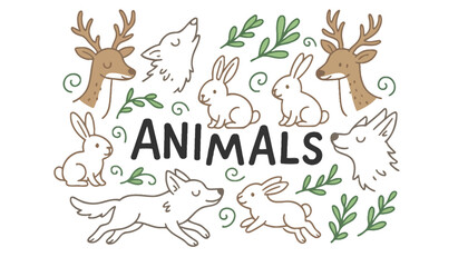 Obraz premium Animals illustration featuring cartoon rabbits and deer with leaves