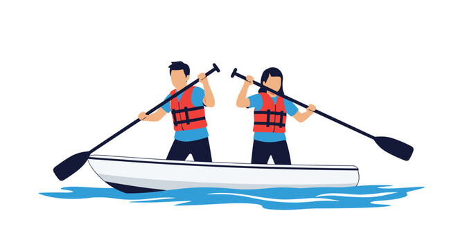 Active man and woman wearing life jackets are synchronized while rowing a small white boat across the calm blue water surface.