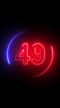 Glowing neon red and purple number 49 with circular light trails on black background. Neon glowing 49 number text sign animation. Radiant glowing circle with number 49 Modern neon style Vertical video