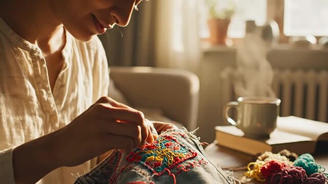 Hands embroidering colorful design on jeans with yarn and coffee