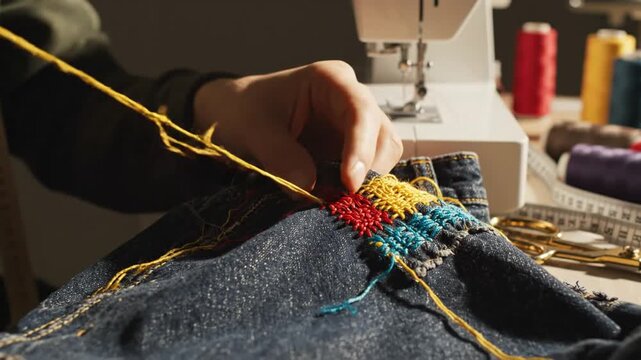 Hands embroidering colorful pattern onto denim jeans in workshop