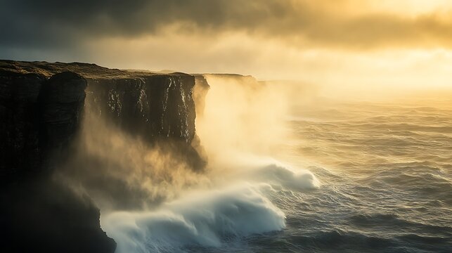 Dramatic coastal cliff scene at sunset with crashing waves and golden light