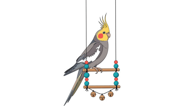 Beautiful cockatiel parrot sits calmly on a decorative wooden swing with colorful beads and small bells inside its bird cage.