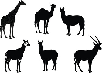 Silhouettes of diverse ungulate animals, including a giraffe, camel, alpaca, okapi, and oryx, in a detailed, black-and-white vector illustration