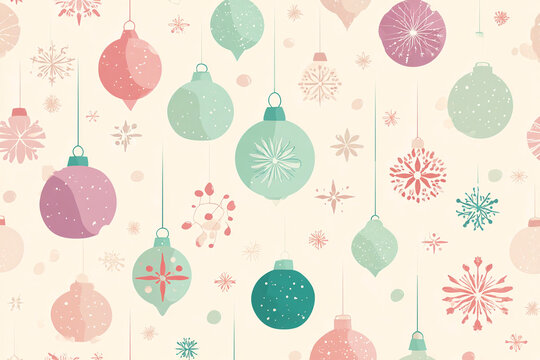festive seamless christmas pattern featuring hanging retro ornaments and decorative snowflakes in soft pastel colors including mint green coral pink teal and beige on a warm background creating a vint